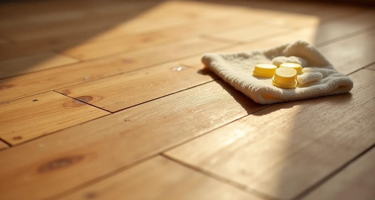 Parquet in rovere con graffi fini, cera di riparazione e panno morbido per la manutenzione del legno