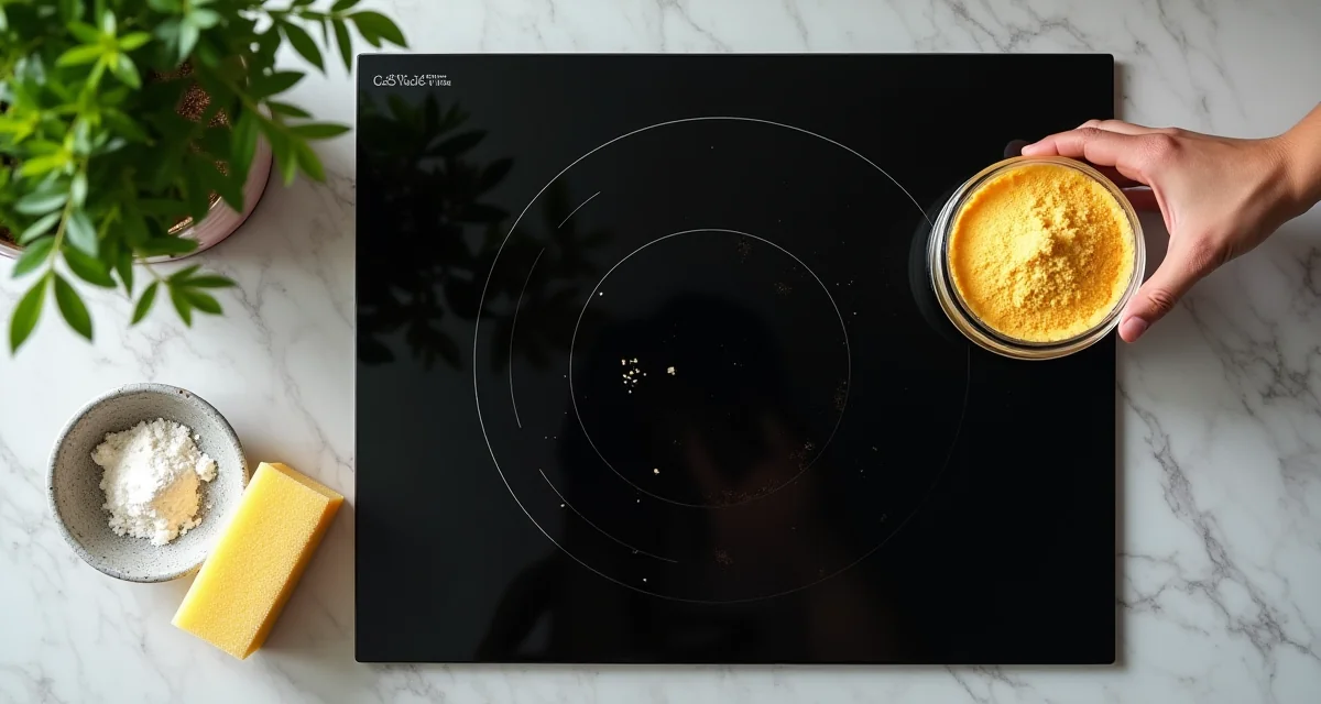 Piano cottura in vetro nero con macchie bruciate e pasta di bicarbonato per la pulizia