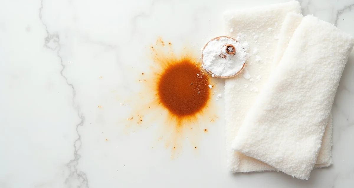 Macchia di ruggine su marmo bianco con pasta di bicarbonato e panno morbido per la pulizia