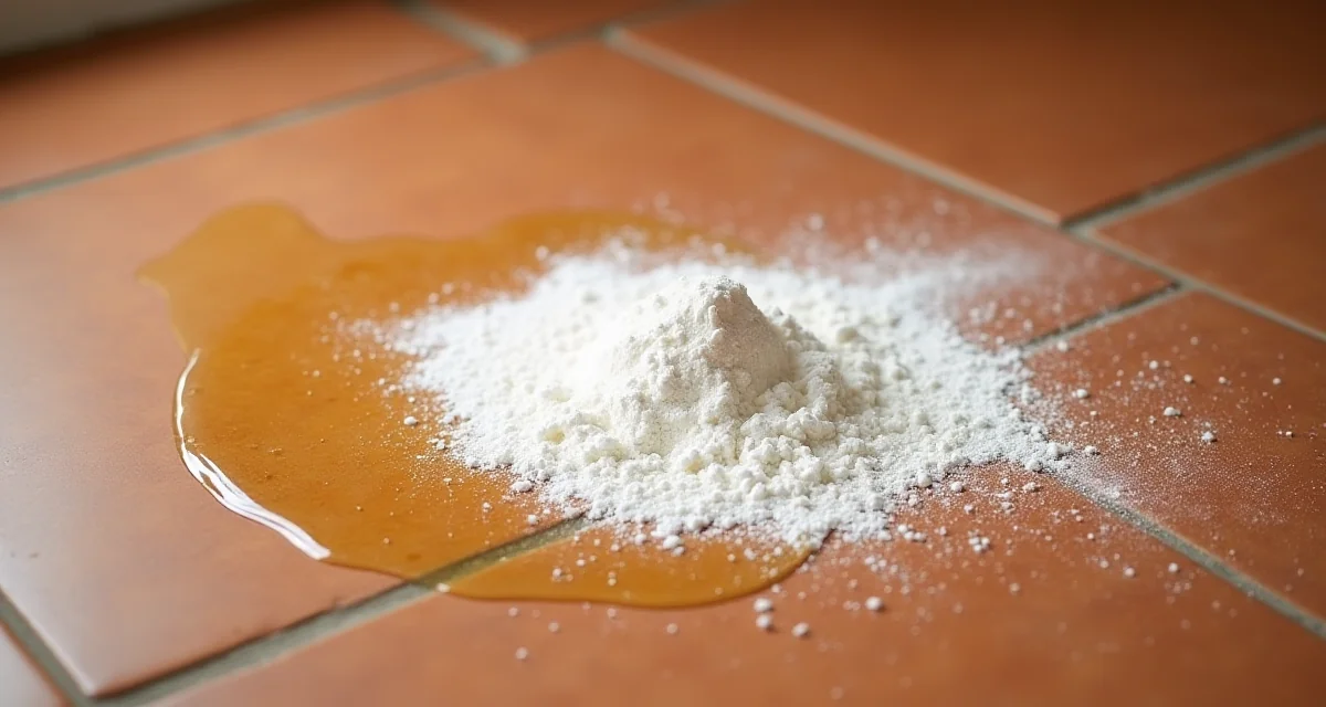 Polvere di talco bianco che assorbe una macchia d'olio su pavimento in cotto con illuminazione calda