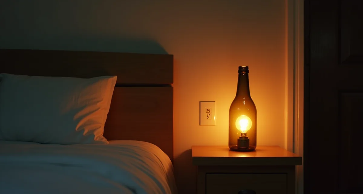 Lampada da tavolo realizzata con una bottiglia di vetro riciclata e bulbo caldo su comodino