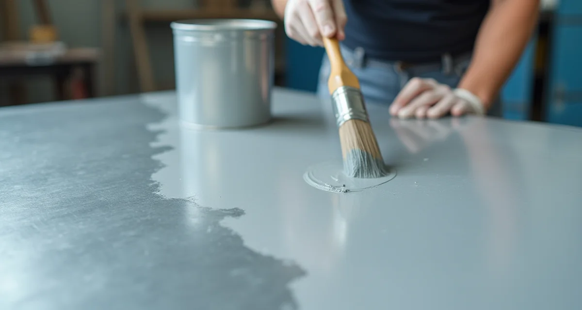 Verniciatura di una lamiera zincata con primer grigio e pennello in un laboratorio illuminato