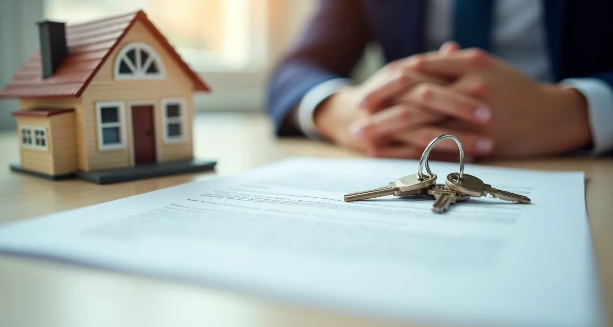 Modella di casa con chiavi e contratto firmato su scrivania ufficio bancario