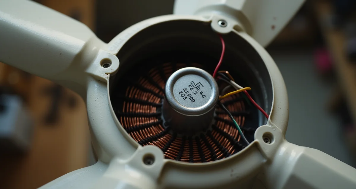 Condensatore cilindrico collegato ai fili colorati all'interno del motore di un ventilatore da soffitto