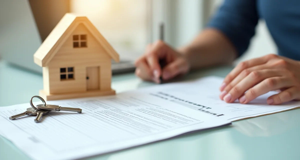 Modello di casa in legno con chiavi e contratto d'affitto su una scrivania