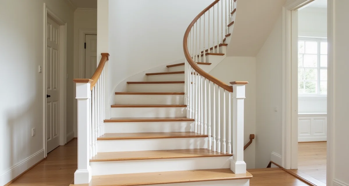 Scala interna con gradini in legno di rovere e alzatine in pietra bianca per un elegante rivestimento dei piani