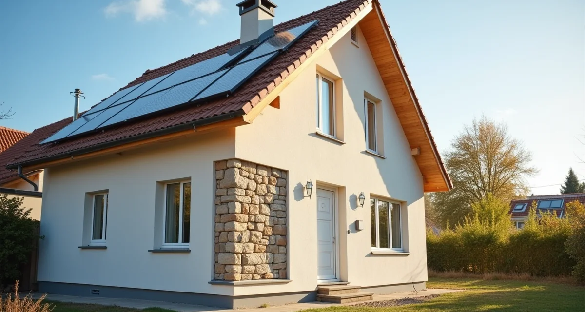 Facciata di casa con nuovo isolamento, finestre e pannelli solari per l'efficientamento energetico