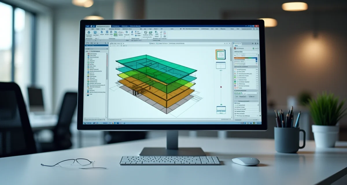 Monitor su scrivania da ufficio moderno che visualizza un modello BIM 3D con strutturali colorate sfocate
