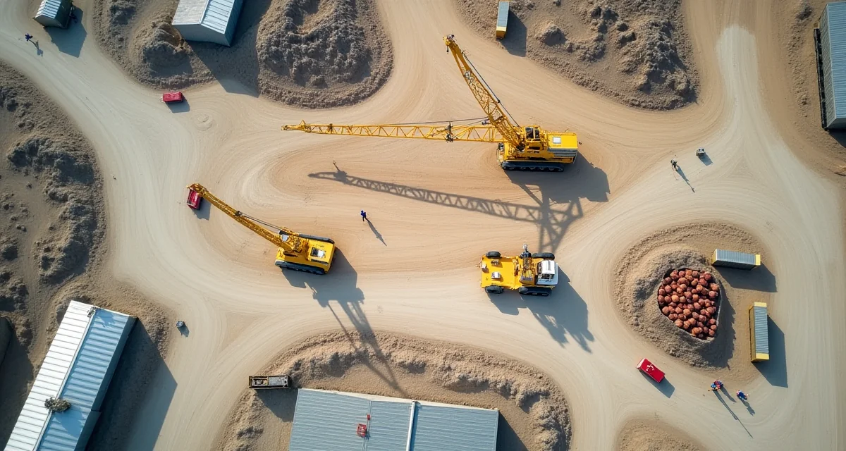Vista aerea del cantiere con gru, magazzini materiali, uffici e strade di accesso ben organizzate sotto la luce del giorno