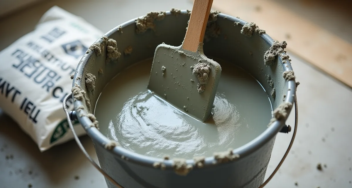 Secchio di boiacca di cemento fresca con frusta e sacco sul cantiere