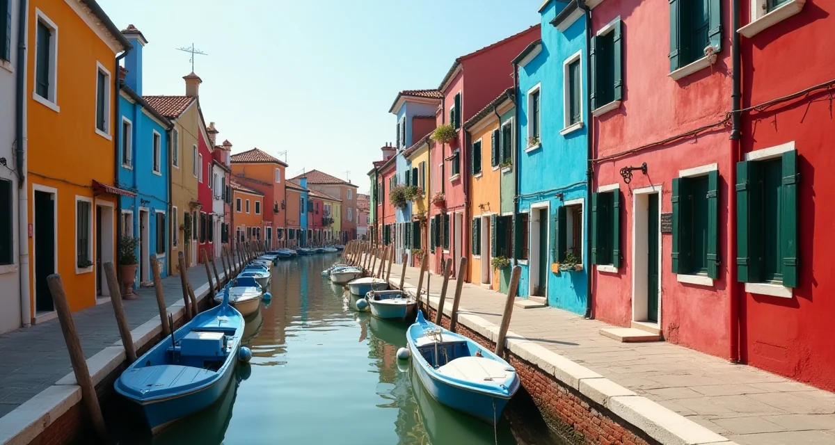Facciate colorate di case veneziane rivestite con pittura silossanica sotto la luce del sole