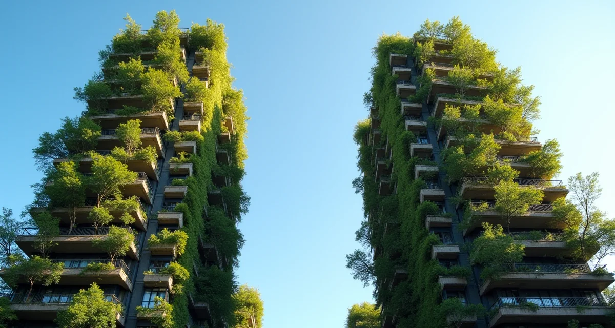 Torri del Bosco Verticale a Milano con alberi sui balconi sotto un cielo blu, viste dal basso