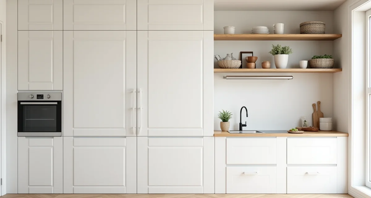 Cucina stile scandinavo con ante bianche, piano in legno e mensole aperte in un appartamento luminoso