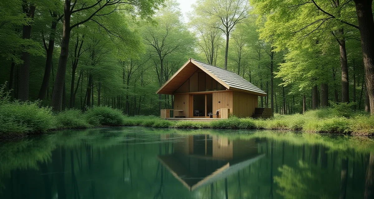 Casa stilizzata a forma di stagno che riflette alberi in una foresta verde per il concetto di vita sostenibile
