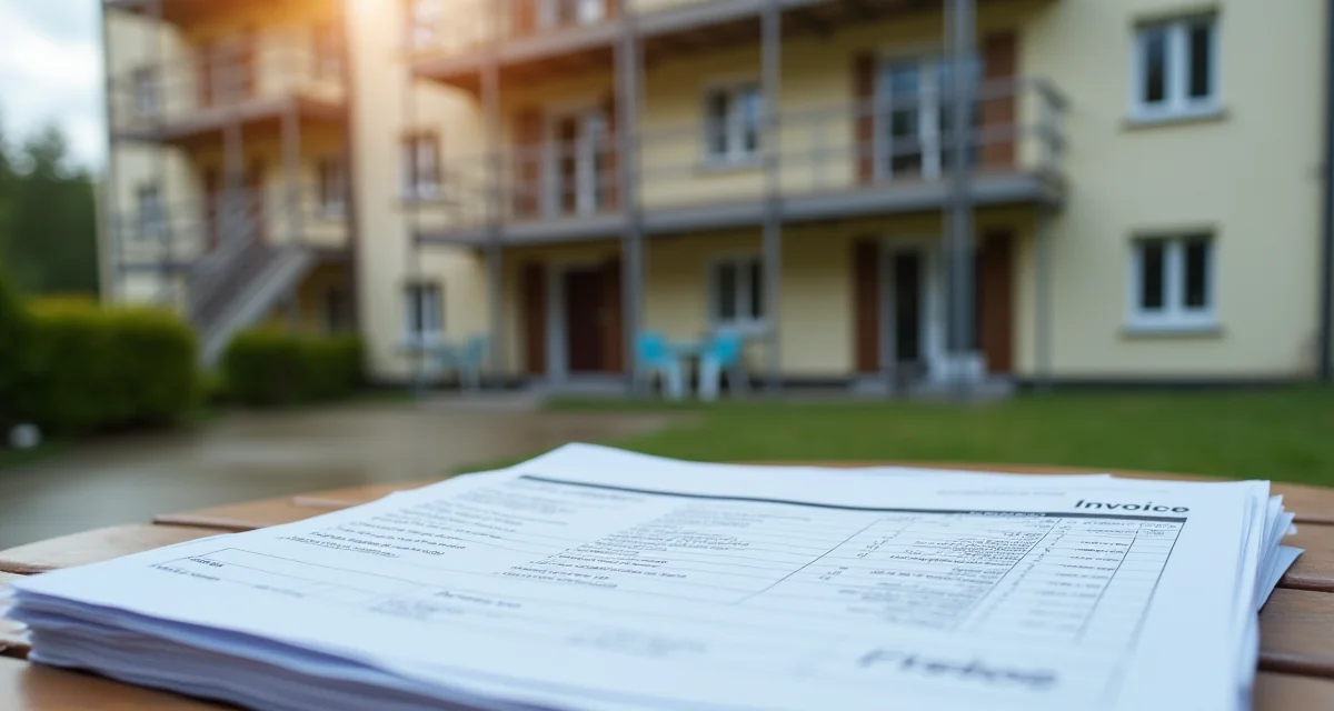 Facciata di un condominio con ponteggi per lavori comuni e pila di fatture sul tavolo