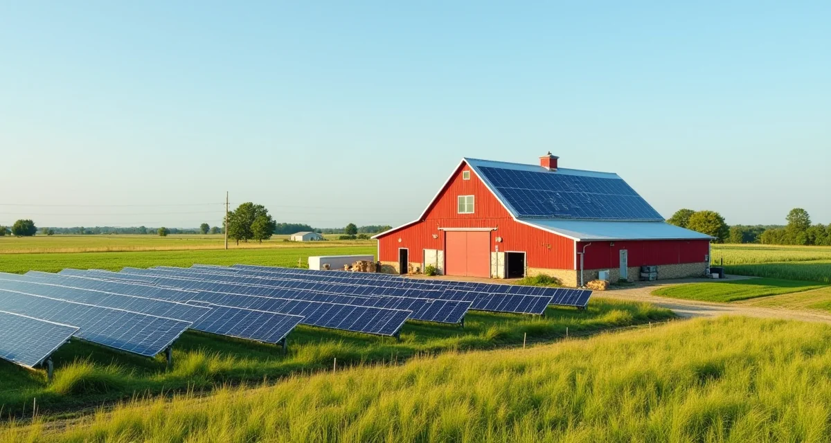 Pannelli fotovoltaici elevati su colture e pannelli sui tetti del granaio in un paesaggio rurale soleggiato