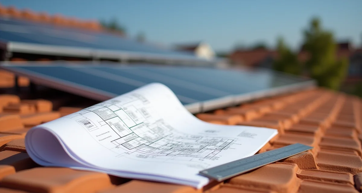 Tavola tecnica e metro pieghevole su tetto residenziale con pannelli fotovoltaici per il dimensionamento dell'impianto
