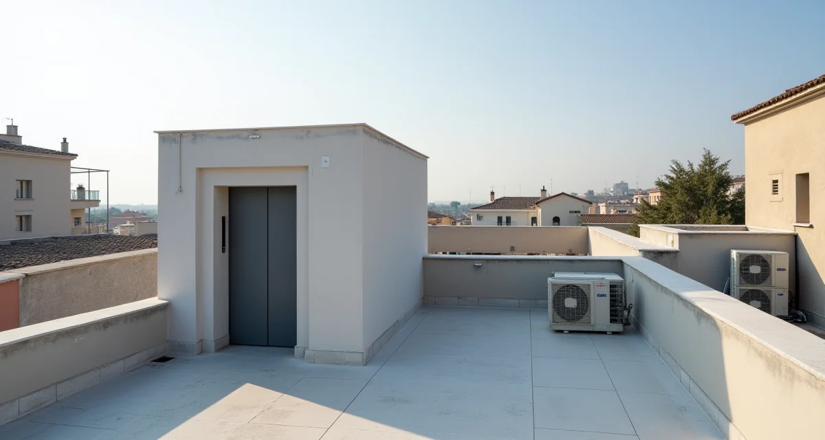 Volumi tecnici in copertura di un edificio residenziale moderno con sala macchine ascensore e climatizzatori sotto cielo sereno