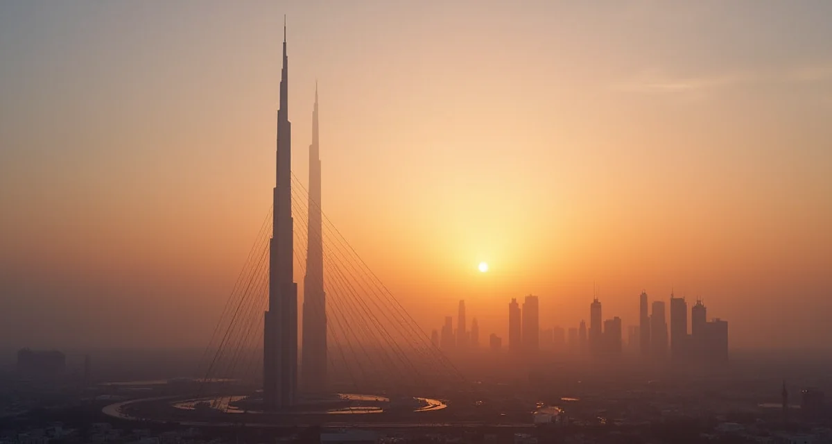 Torre d'osservazione slanciata con cavi di sostegno che si eleva sopra lo skyline di Dubai al tramonto