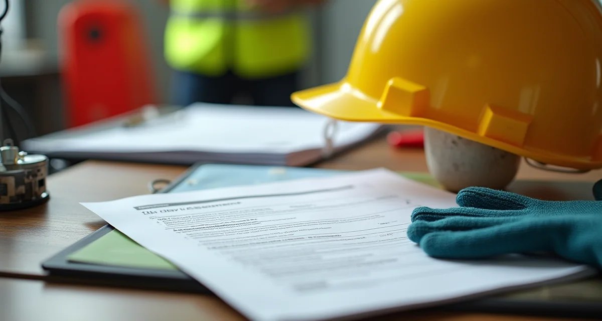 Casco e giubbotto antinfortunistico su una scrivania con fascicolo DVR per la valutazione dei rischi sul lavoro