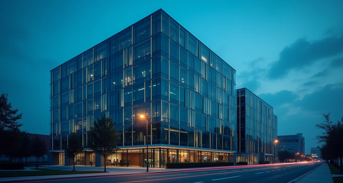 Facciata illuminata di un edificio intelligente con sensori e architettura in vetro futuristica nel contesto urbano