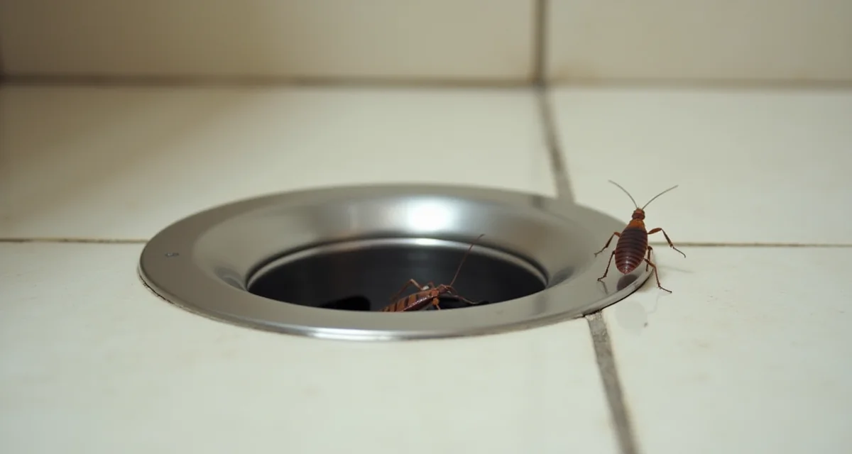 Rete di uno scarico a pavimento in acciaio inox con uno scarafaggio che emerge dal bordo su pavimento piastrellato