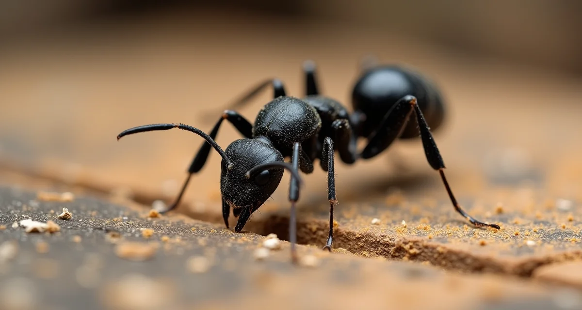 Macro di una formica nera del legno su legno stagionato con trucioli e luce naturale