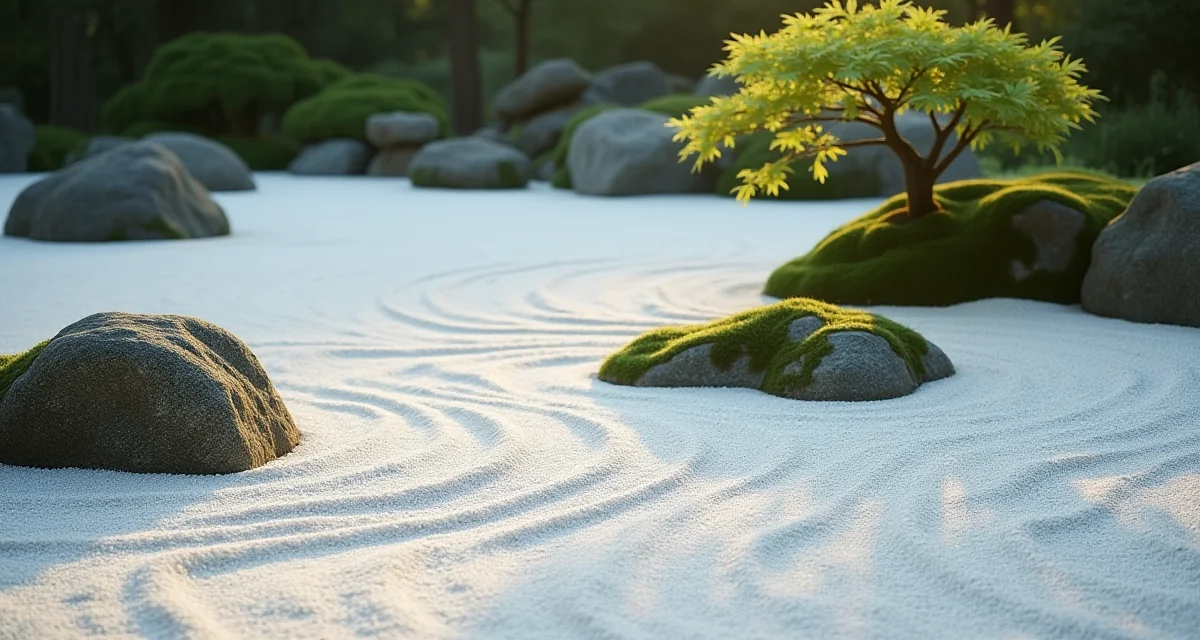 Giardino zen con ghiaia bianca rastrellata a onde, rocce muschiose e acero sotto luce mattutina