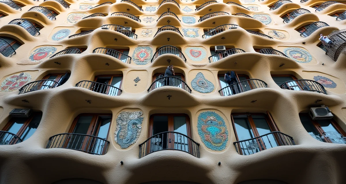 Facciata modernista con balconi ondulati e mosaici colorati in stile Gaudí a Barcellona