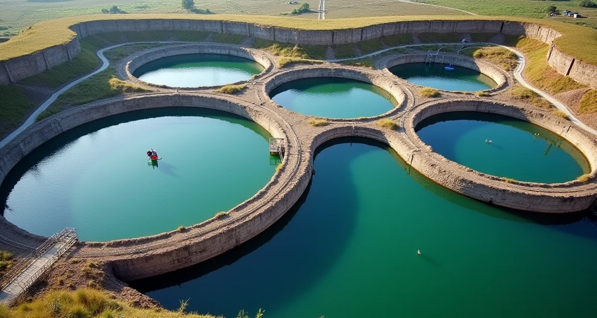 Vista dall'alto di un impianto di depurazione con vasche di sedimentazione circolari e bacini di aerazione