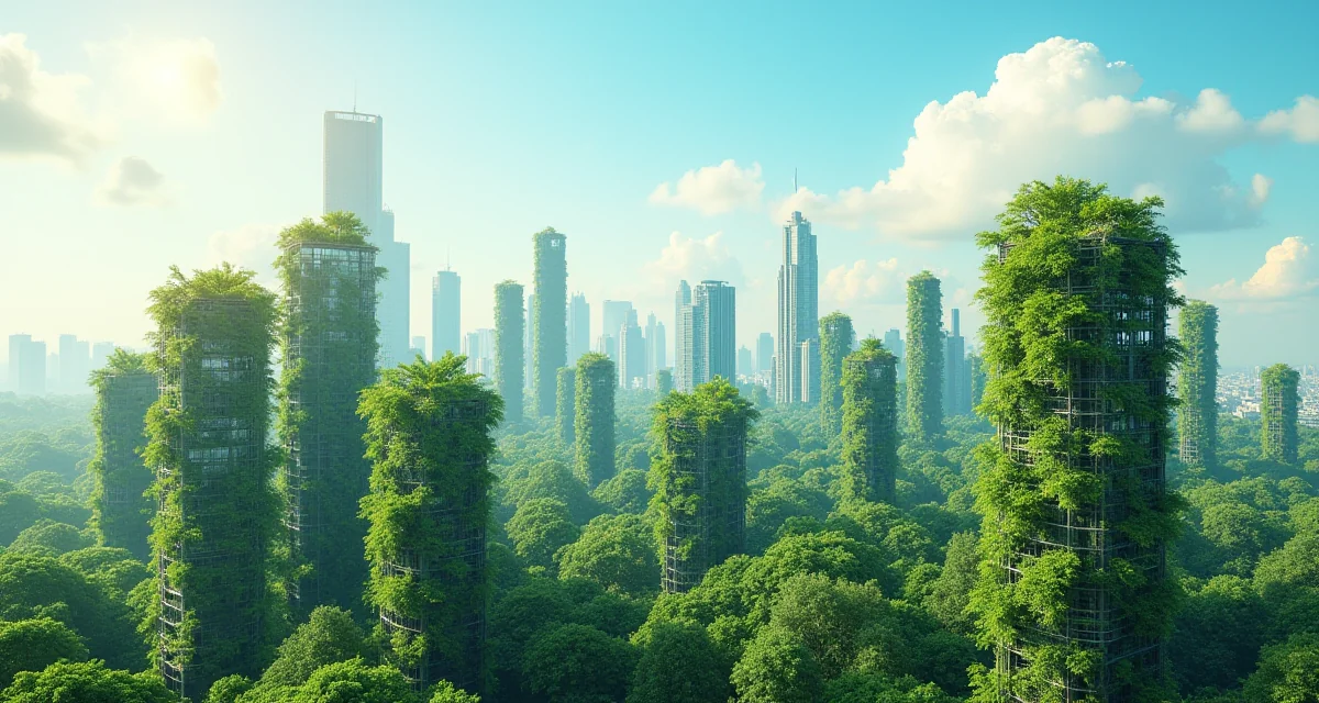 Skyline di città verde con edifici coperti da piante e pannelli fotovoltaici sotto un sole splendente
