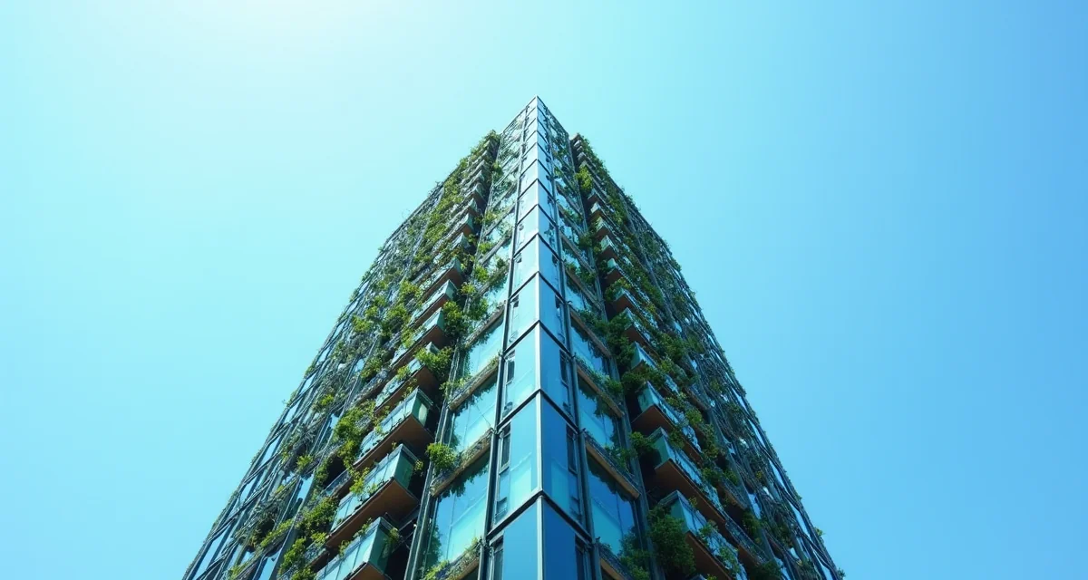 La torre Gioia 22 a Milano mostra facciata vetrata e elementi verdi del calcestruzzo sostenibile sotto il cielo blu