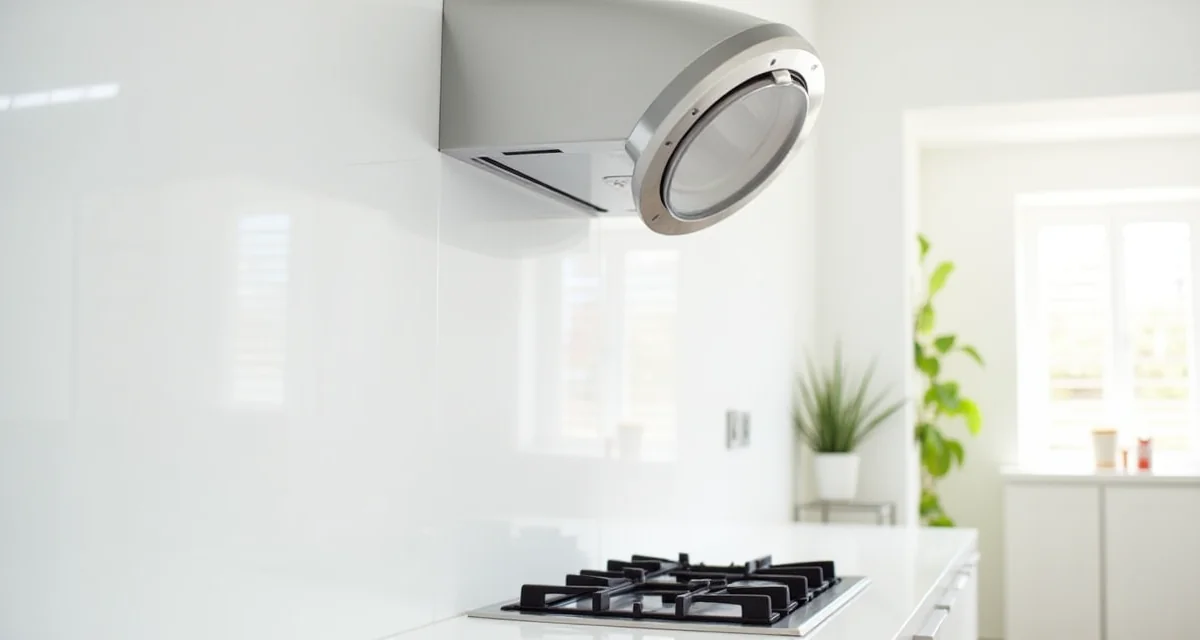 Griglia di aerazione circolare in acciaio inox installata nella parete bianca della cucina accanto al piano cottura