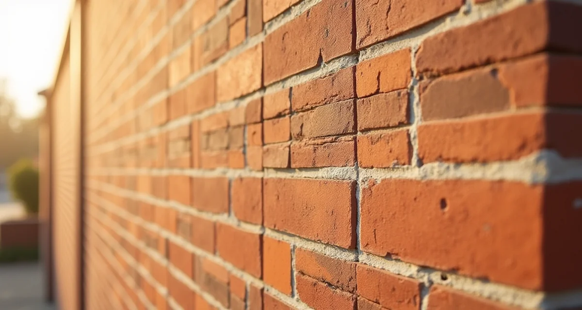 Listelli di laterizio a faccia vista su facciata moderna con giunti di malta e luce radente