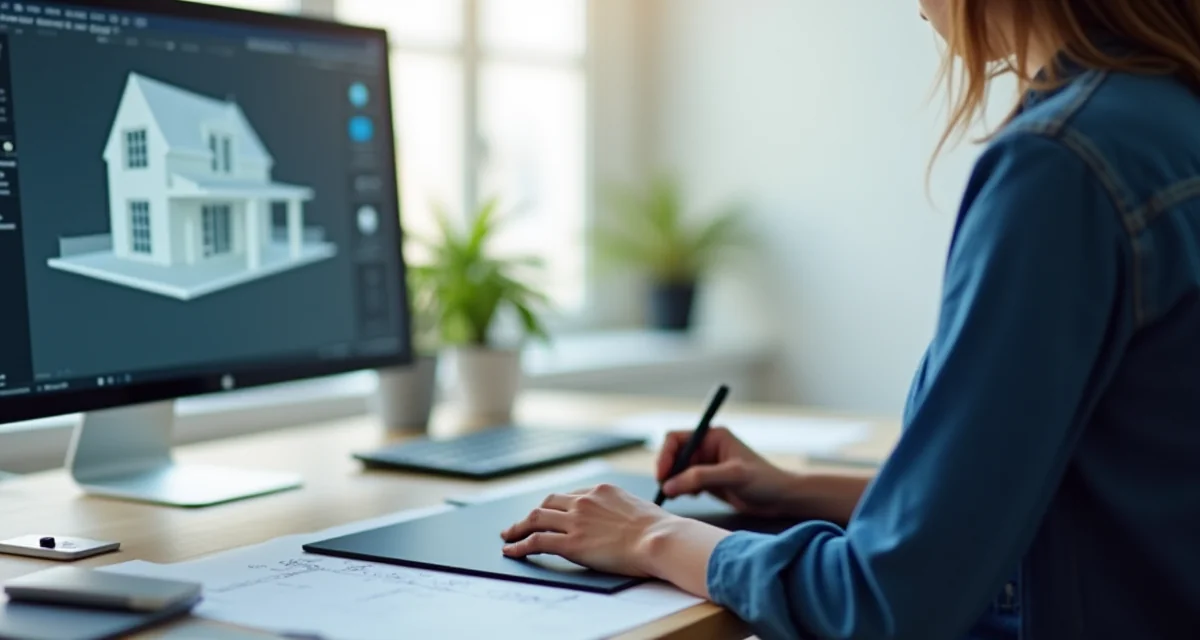 Scrivania da architetto con monitor che mostra un modello 3D sfocato di una casa e tavoletta grafica