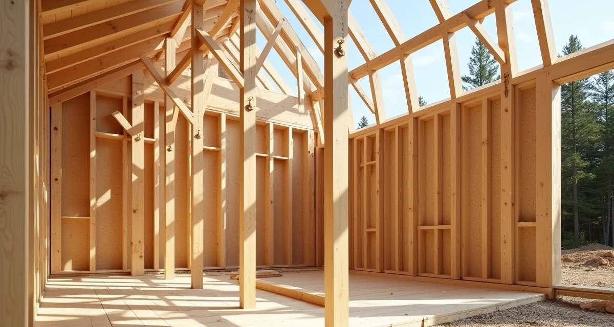 Struttura in legno con pannelli CLT e travi di abete sotto costruzione in una giornata soleggiata