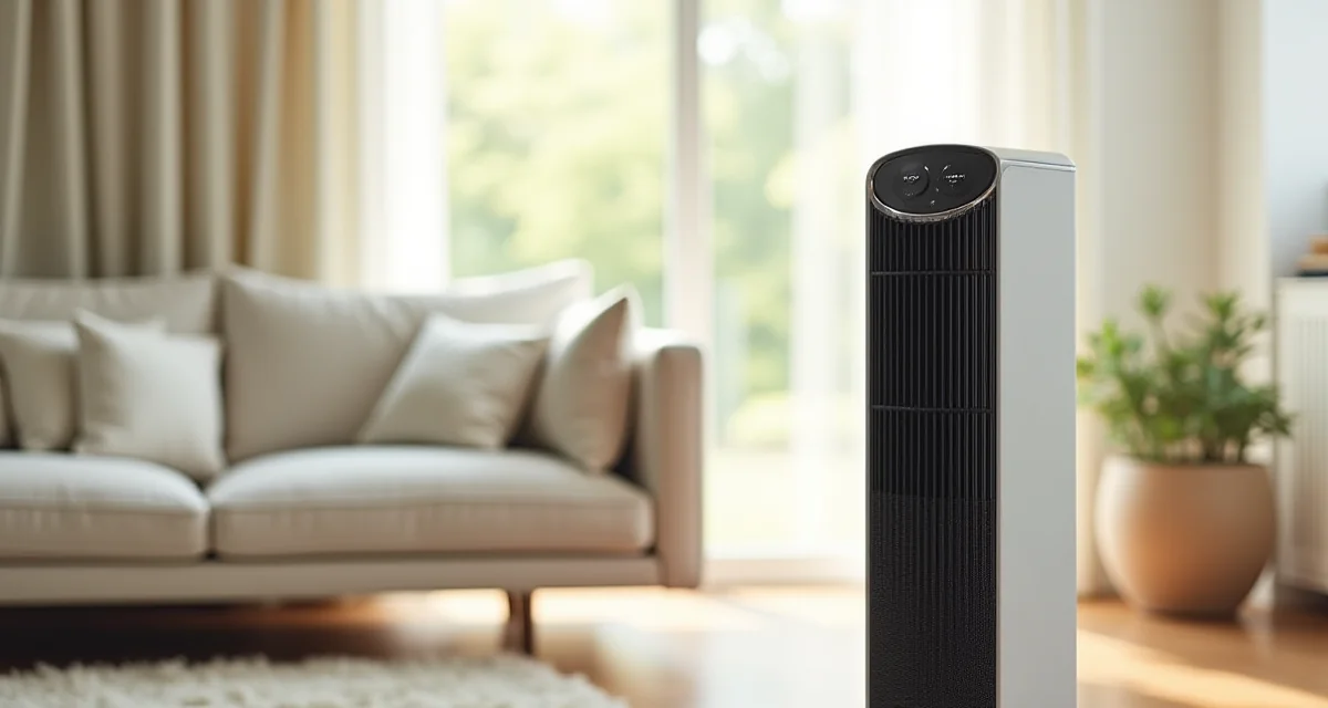 Ventilatore a colonna sottile posizionato in un soggiorno luminoso accanto a un divano