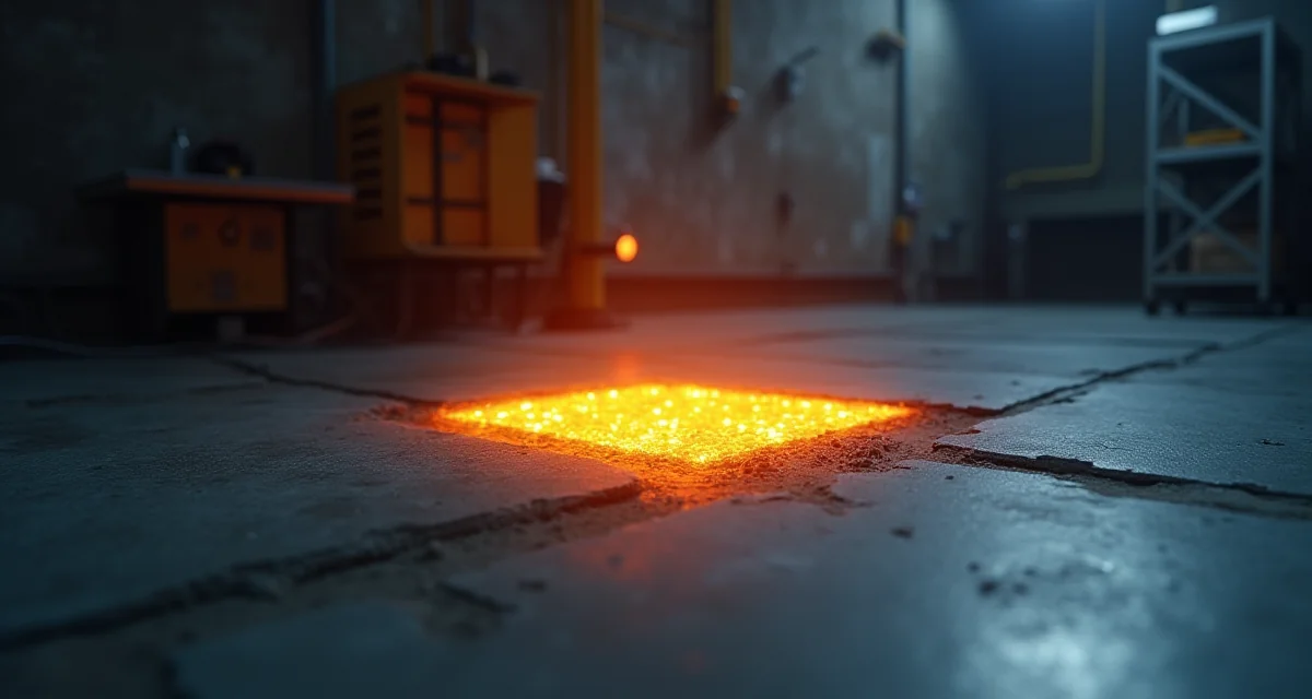 Pavimento in calcestruzzo al grafene con collegamento elettrico e effetto termico luminoso in laboratorio