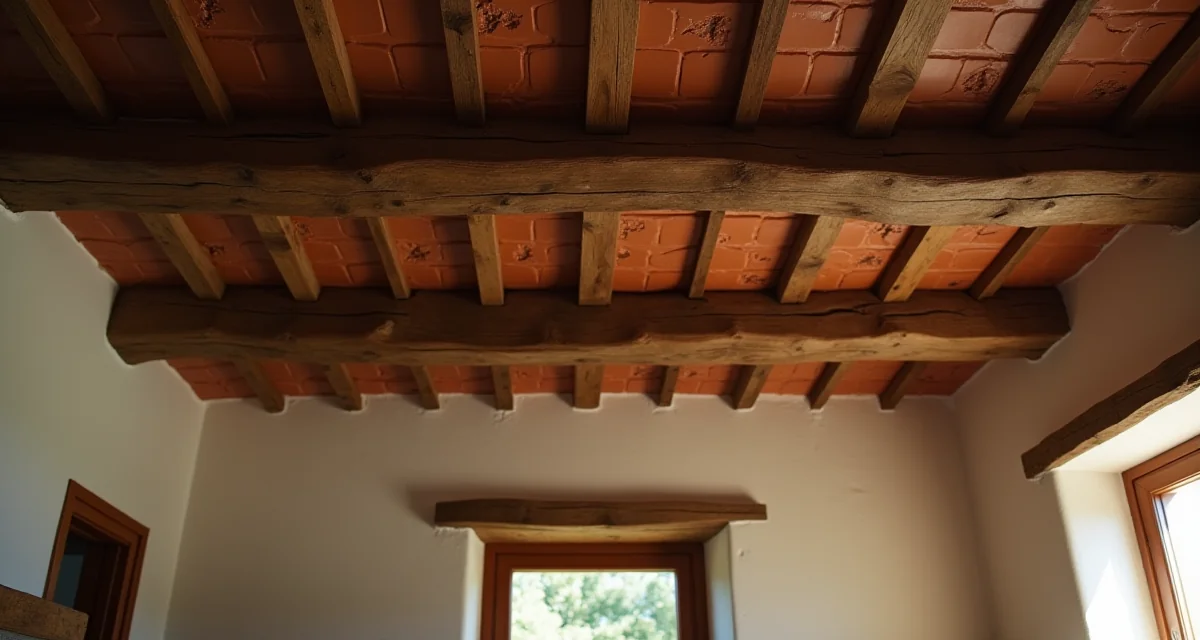 Controsoffitto rustico con travi in legno scuro e piastrelle in cotto in un soggiorno ristrutturato
