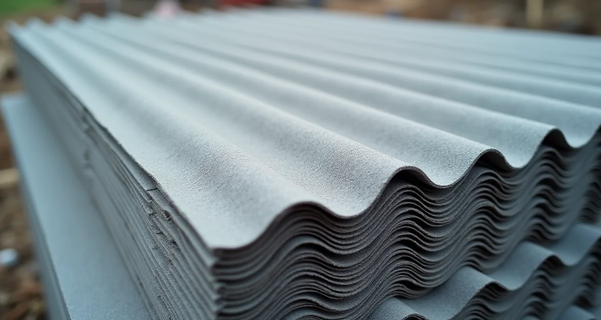 Pila di lastre in fibrocemento ecologico senza amianto per coperture, con superficie fibrosa e colore grigio naturale