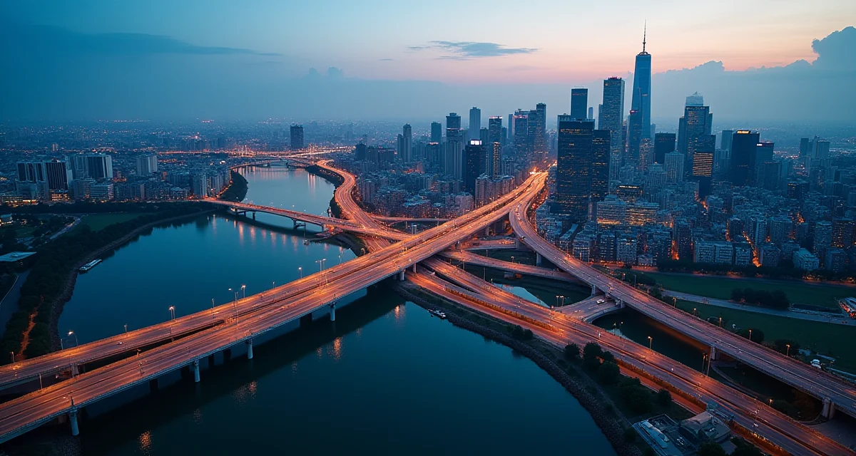 Vista aerea di una città moderna con autostrade, ponti e fiume al crepuscolo