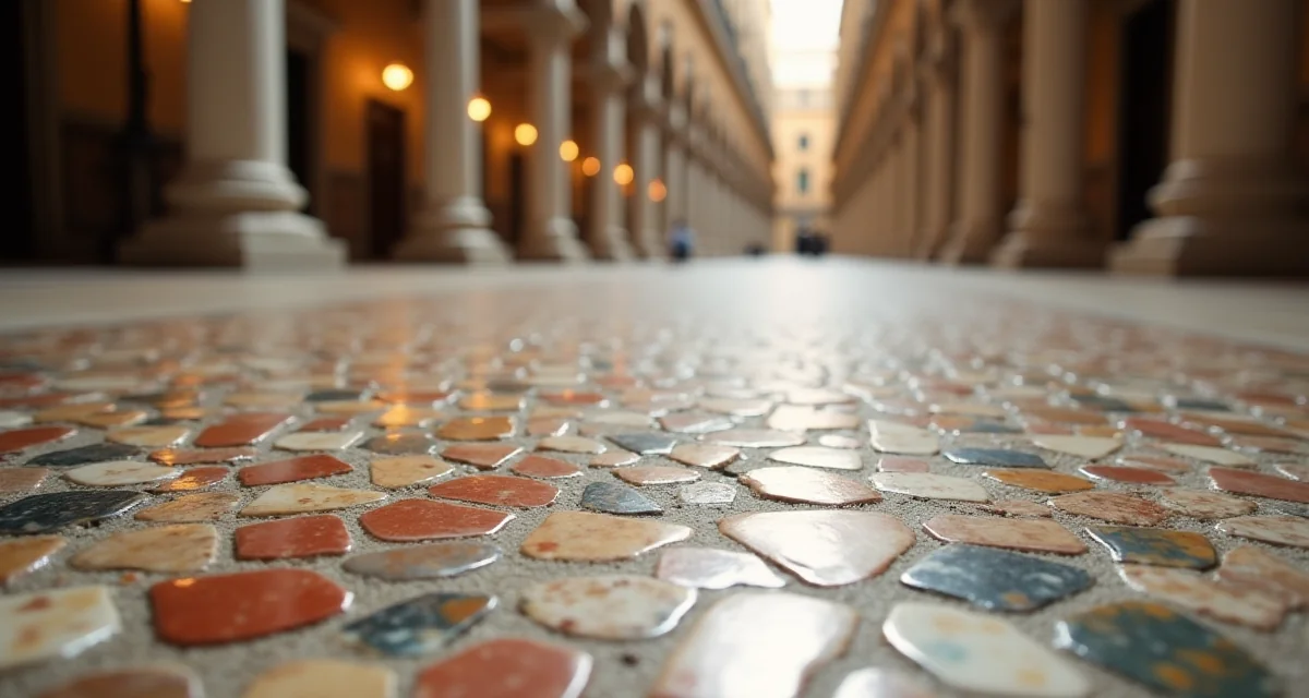 Pavimento alla veneziana con schegge di marmo colorato in un salone storico illuminato da luce calda