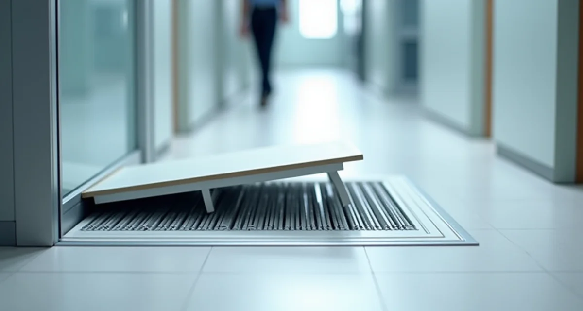 Pavimento tecnico sollevato con pannello asportato che mostra i piedini di supporto e il cablaggio elettrico sottostante
