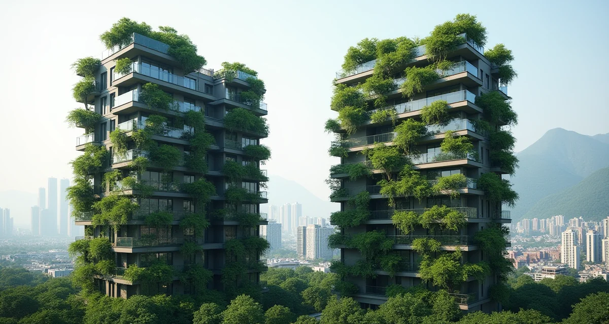Torri residenziali cinesi ricoperte da alberi e arbusti sui balconi nel contesto del bosco verticale di Stefano Boeri