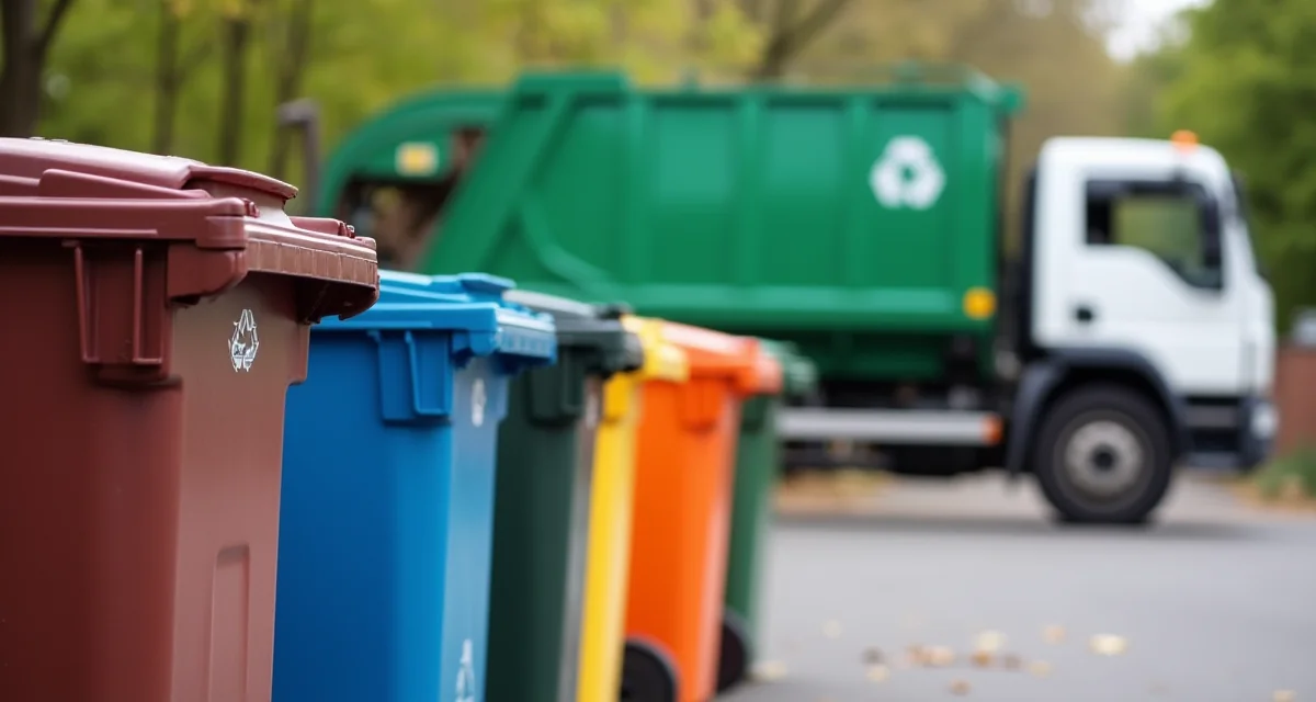 File di cassonetti colorati per la raccolta differenziata su strada con camion dei rifiuti sullo sfondo
