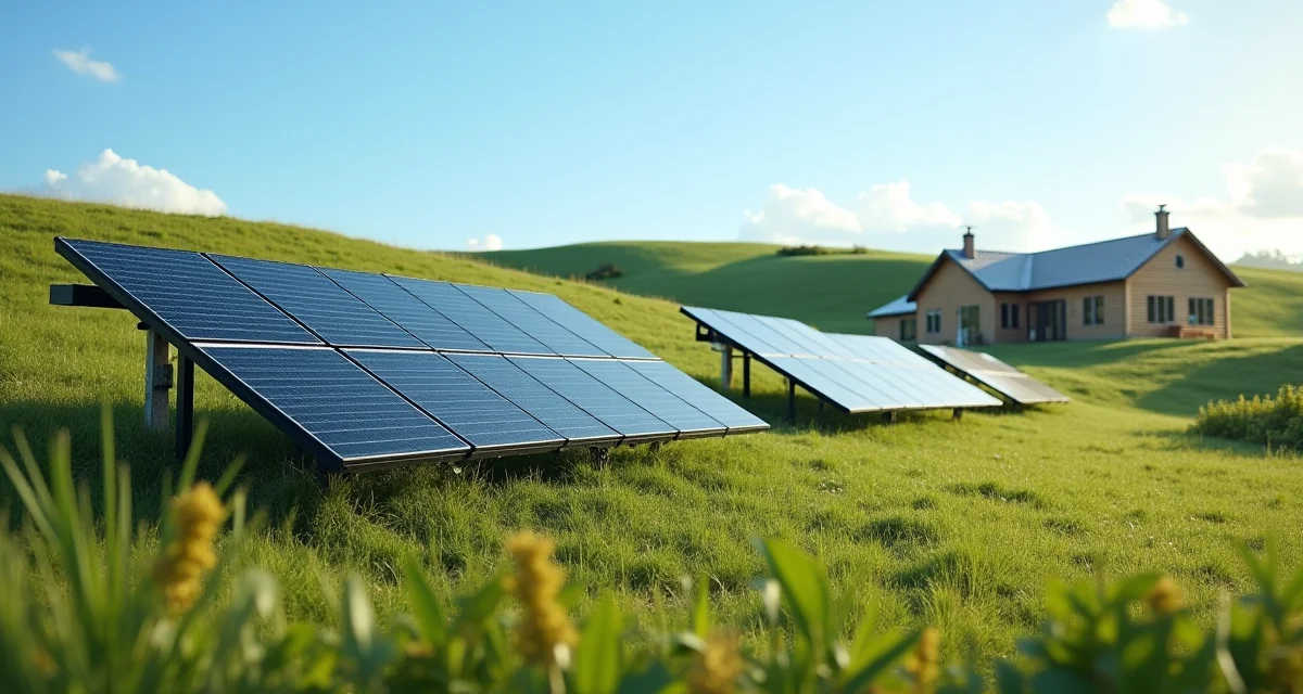 Pannelli fotovoltaici su colline verdi con capanna isolata in un impianto off grid sotto il sole