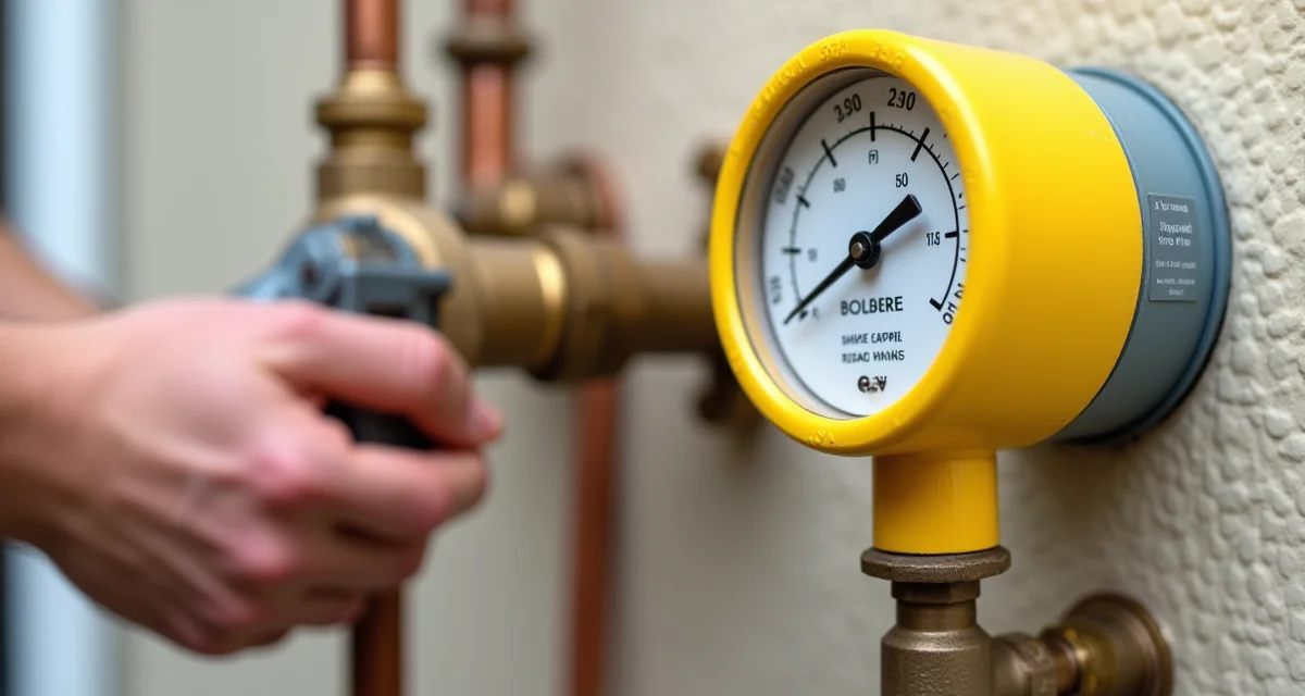 Contatore del gas giallo con tubi di rame e valvola di intercettazione su parete esterna in pieno giorno