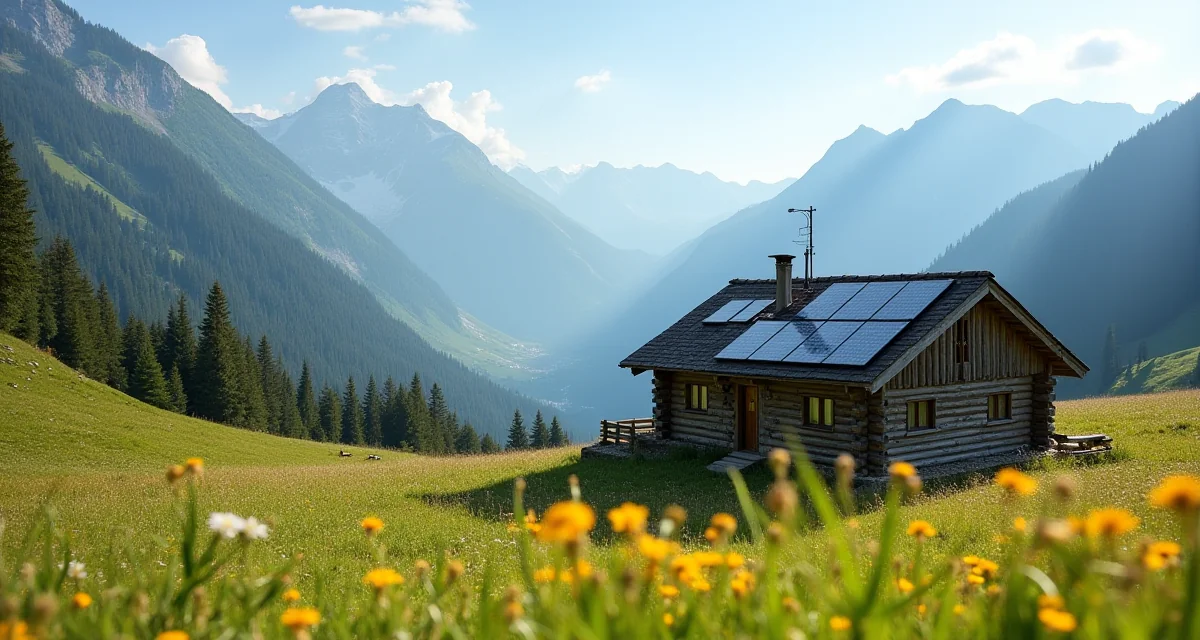 Pannelli fotovoltaici sul tetto di una baita alpina immersa in un prato verde sotto un cielo terso e limpido