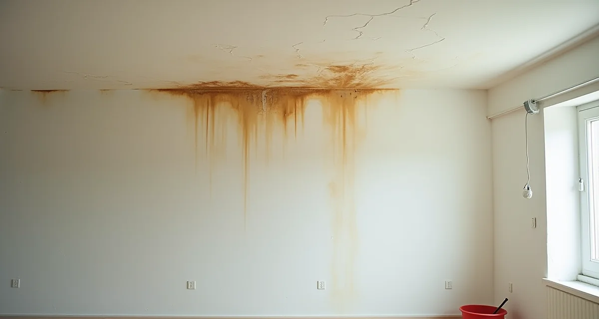 Angolo di soffitto con macchia d'acqua e intonaco scrostato, secchio sul pavimento per raccogliere le infiltrazioni
