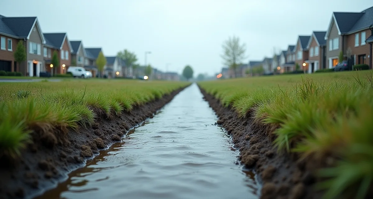 Vasca di laminazione delle acque piovane e canale di drenaggio in un nuovo sviluppo residenziale suburbano sotto cielo nuvoloso